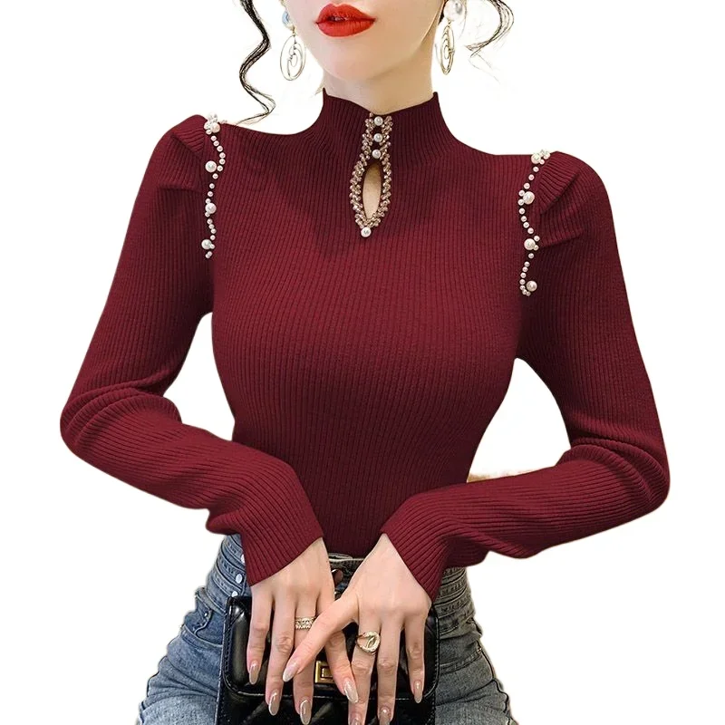 Beading Shirt Black Wine Red Turtleneck Long Sleeve T-shirt Autumn Winter Women's Clothing Trend Tops Elastic Slim Sexy Tops New