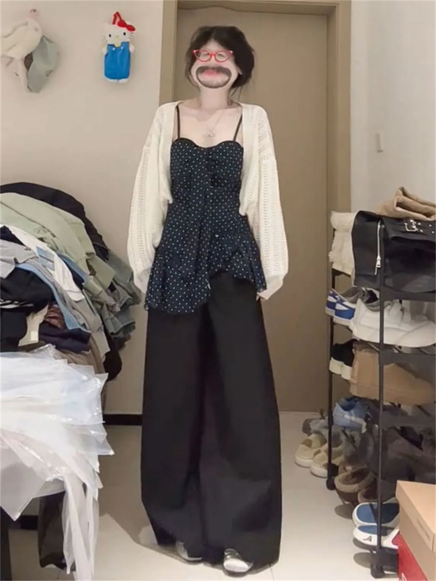 Korean Style  Small Polka Dot Irregular Strap Knitted Cardigan And Beige Two-Piece Set Anti-Aging Blue Knitwear Ensemble