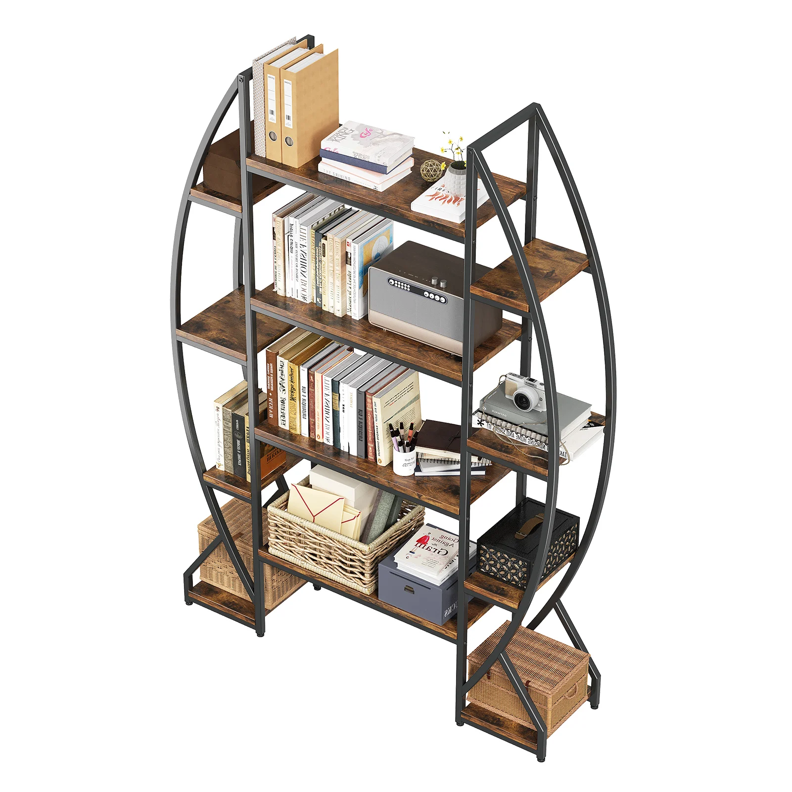 Bookshelf Oval Bookshelf Industrial Vintage Metal Wood Bookcase for Displaying Collectibles Books Photo Frames Decorative Items