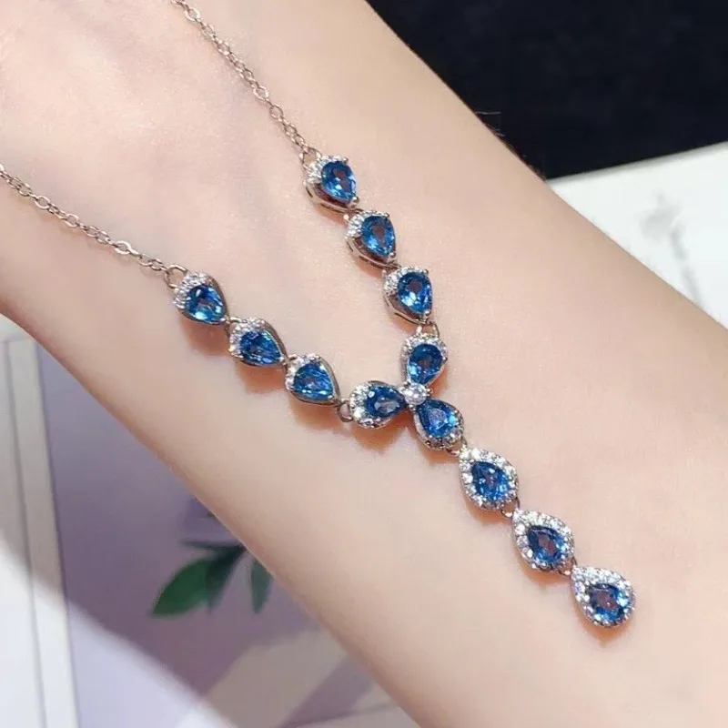 Real 925 silver gemstone neckalce natural topaz necklace 3mm*4mm  London blue topaz jewelry with 3 layers 18K gold plating