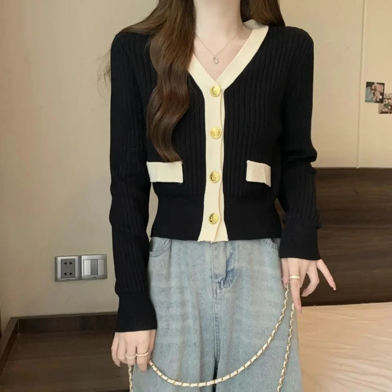 2024 Autumn/Winter Korean Sweet and Fresh Knitted Shirt Cardigan Long Sleeve V-neck Solid Color Spliced Button Women\'s Coat Top