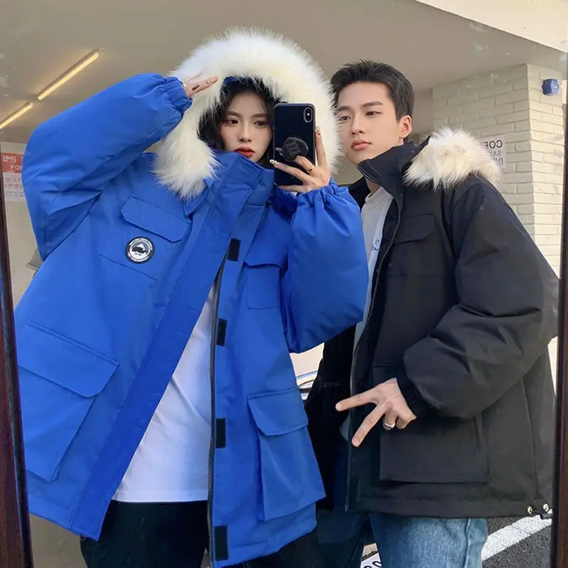 معطف شتوي سميك ودافئ للزوجين بلون أزرق كلاين، سترة قطنية طويلة الأكمام للنساء بتصميم عصري وكاجوال