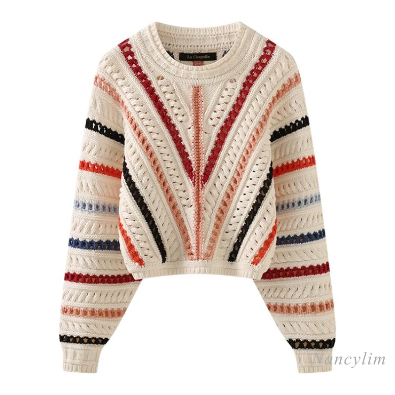 

Rainbow Slanted Stripe Hollow Sweater Women's Autumn Cropped Pullover Sweaters Short Bat Jumper Street Ropa Mujer