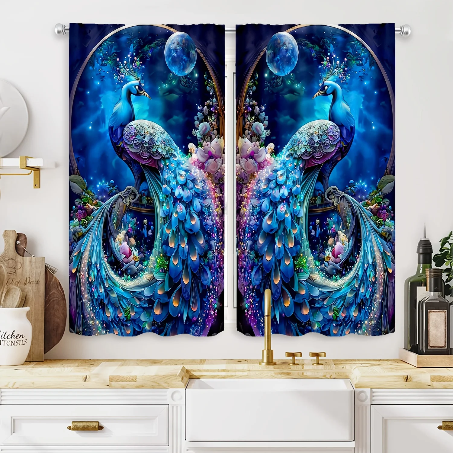 2pcs Blue Peacock Print Curtains – Featuring Vibrant Floral and Bird Patterns, Ideal for Living Room or Bedroom Decor