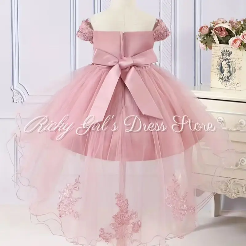 Girls' Elegant Flower Girl Dress Embroidered Beading Tulle Wedding Gown Formal Party Off Shoulder Pink Birthday Dress With Bow