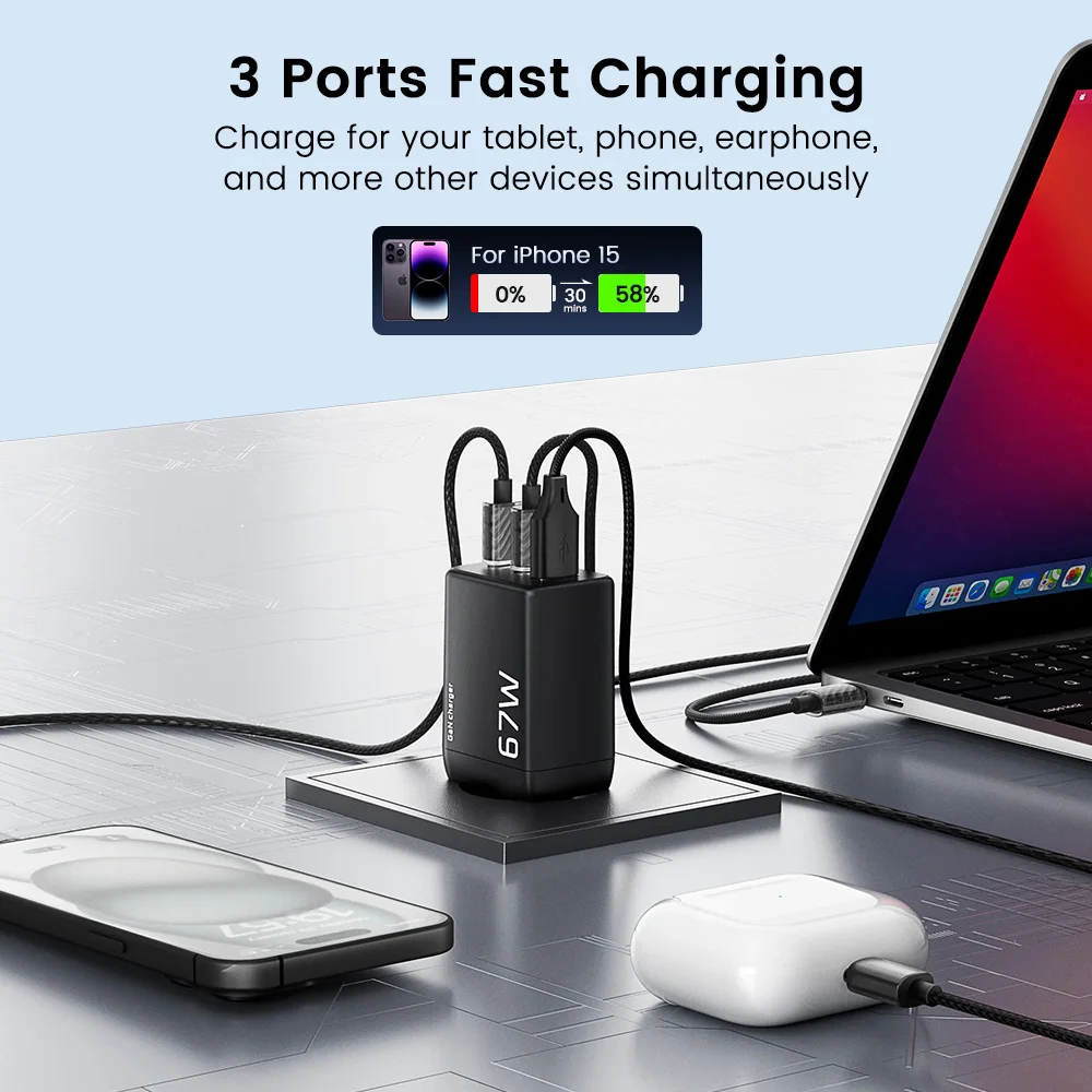 MOVESPEED 67W USB-C Charger Fast Charging 65W PD Type C PPS GaN Charger Adapter for iPhone 16 Pro MacBook Air Samsung S24 Huawei