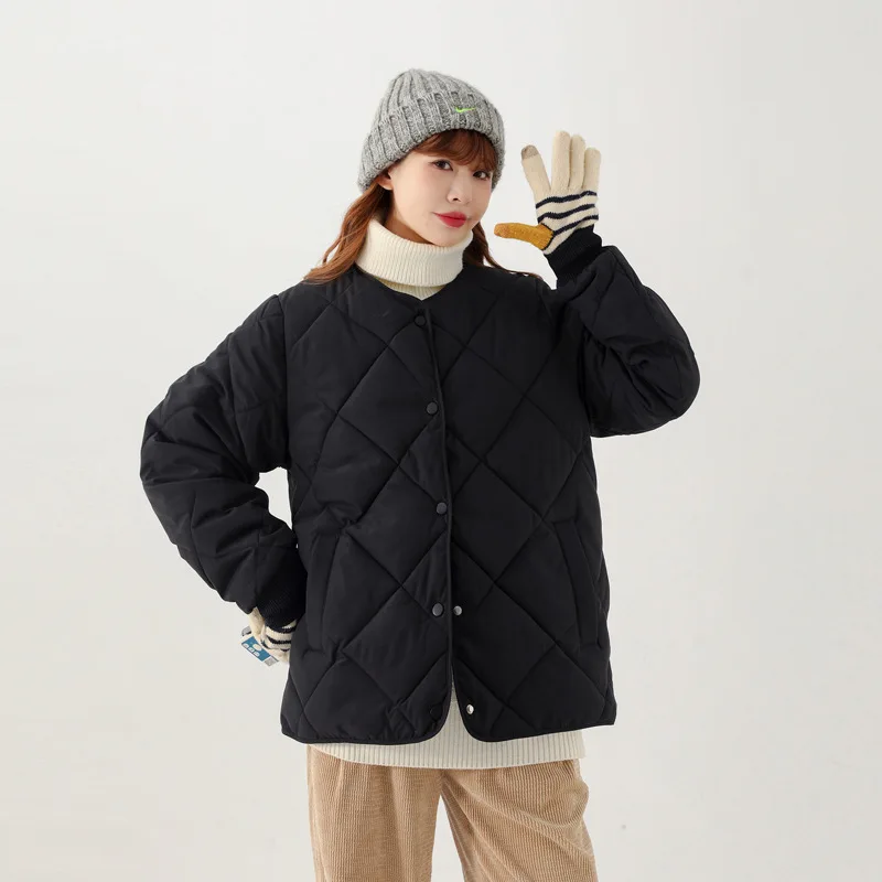 Short Women's Round Neck Light Cotton Jacket 2025 New Style No Collar Seam Cotton Jacket Autumn and Winter Warm Jacket