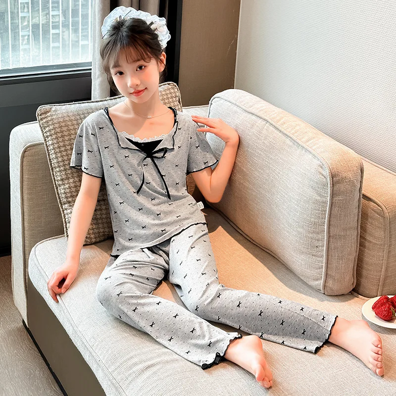 Bow Pajamas Three-piece Girls Summer Short-sleeved Loungewear Modal Fake Two-piece Top Pajama Set