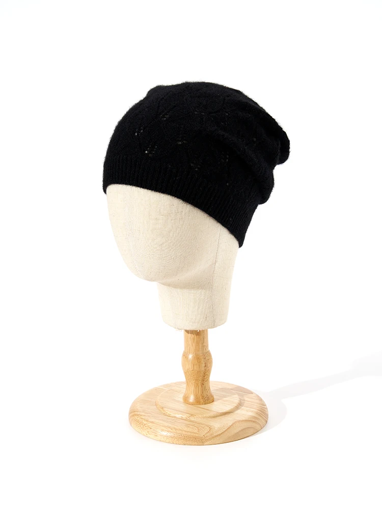 35% Cashmere Knitted Leaves Openwork Beanies Women 2023 Simple Winter Big Caps Soft Hat Wool Warm Black Beige Sleep Hair Bonnet