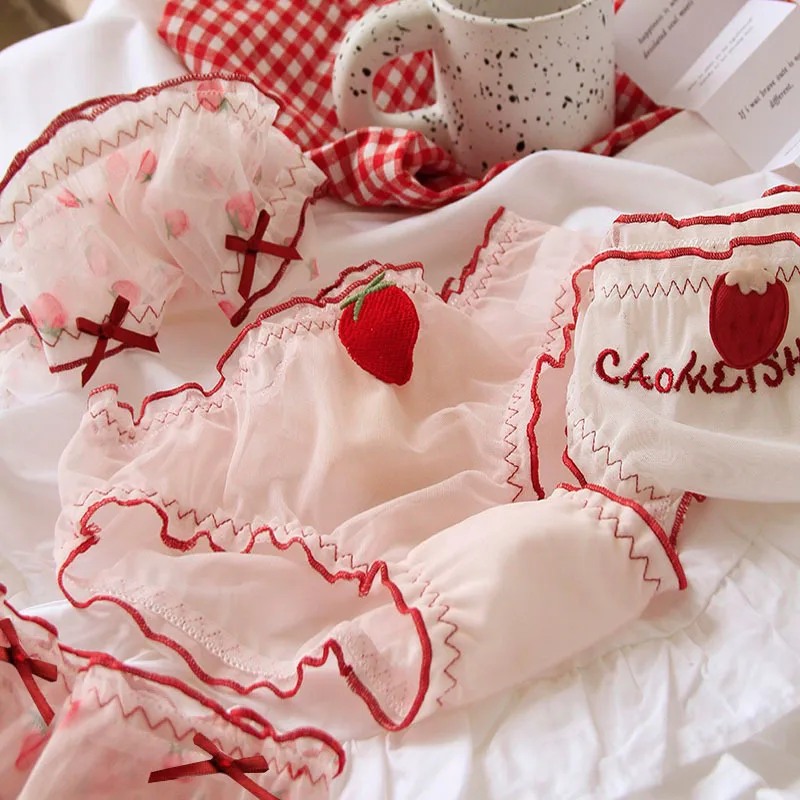 

girls underwear 5pc/bag new lace lovely middle waist briefs young girl panties Teenagers Intimates M L XL strawberry red