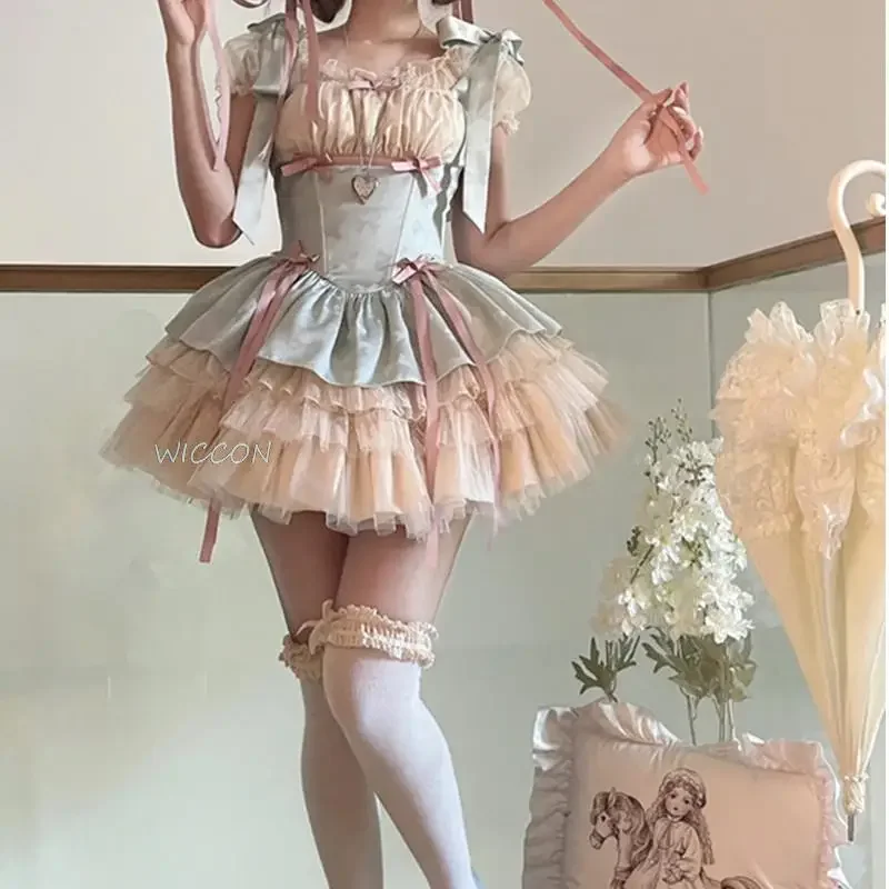 Japanese Lolita Jsk Dress Sweet Women Vintage Bow Ribbon Party Princess Dresses Girls Kawaii Ballet Style Mesh Y2k Mini Dress