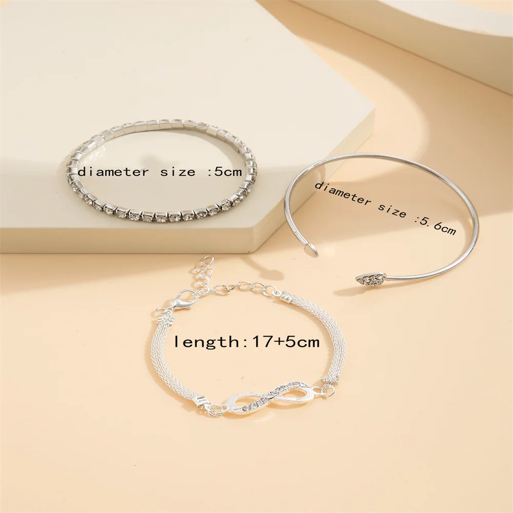 Vintage Set Silver Color Crystal Rhinestone Heart Bracelets for Women Fashion Geometric Adjustable Infinity Cuff Bangle Jewelry image 5