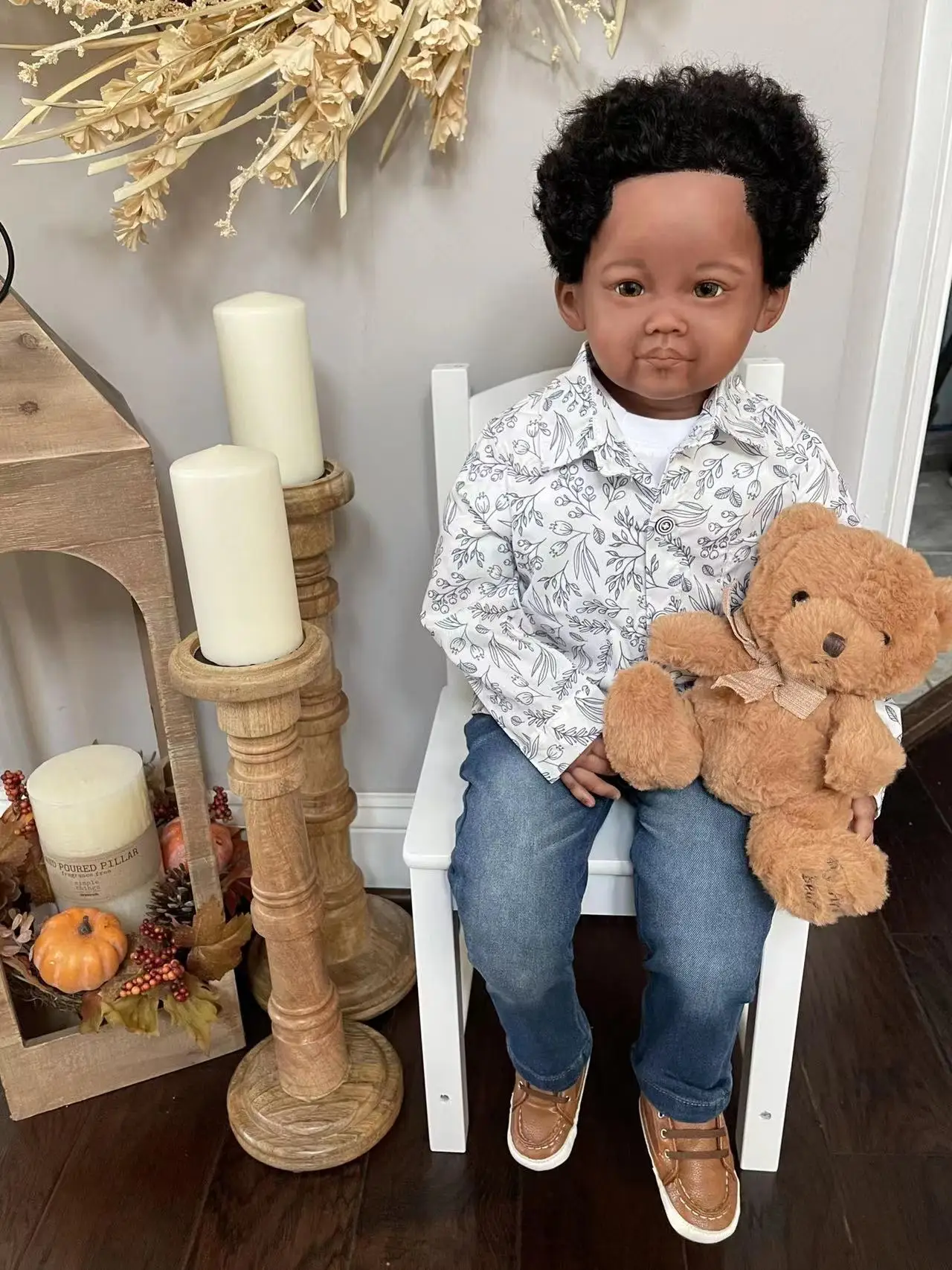 FBBD Custom Made 32inch Reborn Baby Leonie Boy Version Dark  Skin Already Finished Doll With Hand-Rooted Hair Christmas Gift