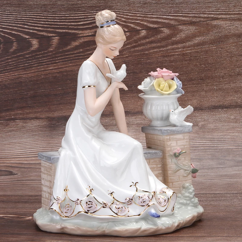 Vintage Porcelain Terrace Girl Miniature Ceramic Engagement Female Figurine Bedroom Decor Gift for Wife Ornament Pigeons Craft view 2