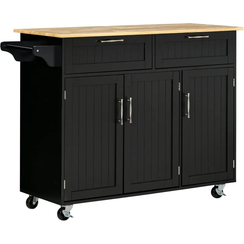 

Mobile Kitchen Island with Storage, Kitchen Cart with Wood Top, Storage Drawers, 3-Door Cabinets, Adjustable Shelves