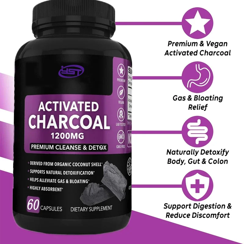 60 capsules of activated carbon for cleaning and detoxification - coconut charcoal, used to relieve stomach qi and bloating,