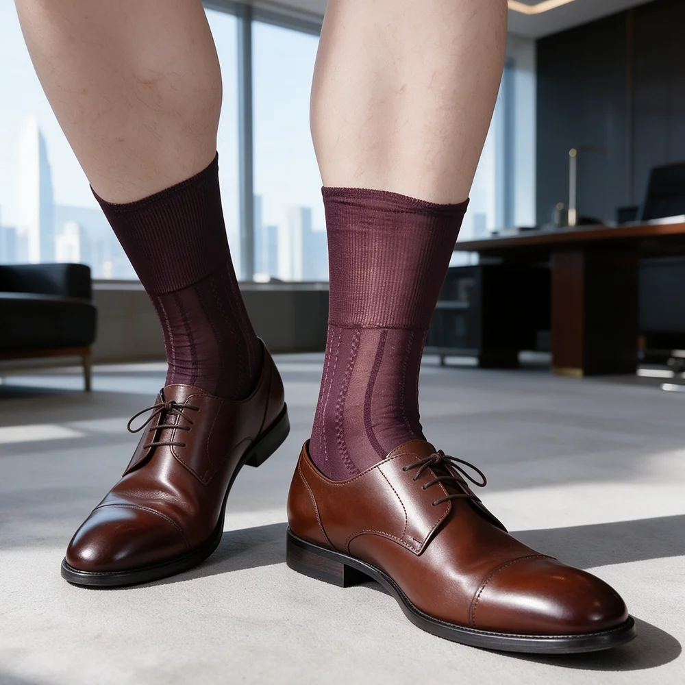 Men's Sheer Dress Socks Burgundy Wine Red Vertical Striped Nylon Mid Calf Business Formal Suit Socks Wedding Office