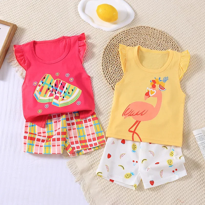 New 2024 Girls Summer Clothing Sets Baby Cute Cartoon Flamingo Print Sleeveless Tank Tops with Shorts Kids Casual Clothes