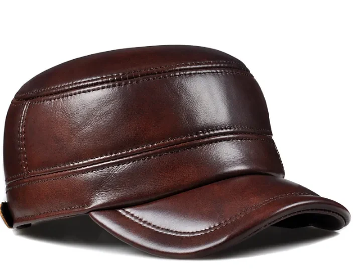 Winter Genuine Leather Cap Men's Flat Caps Military Hat Elegant Man Baseball Cap British Vintage Cowhide Ear Warm Hat