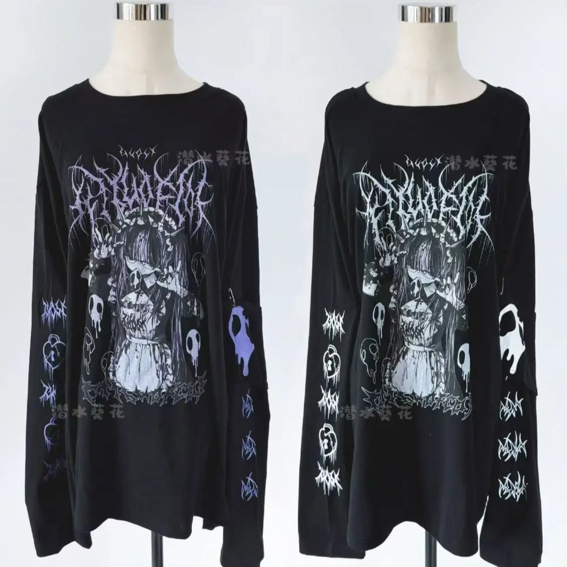 الأصلي طاقم الرقبة الأسود Y2K كم طويل تي شيرت اليابانية ثقافة فرعية أنيمي طباعة تي شيرت ربيع الخريف جديد فضفاض تنوعا القمم