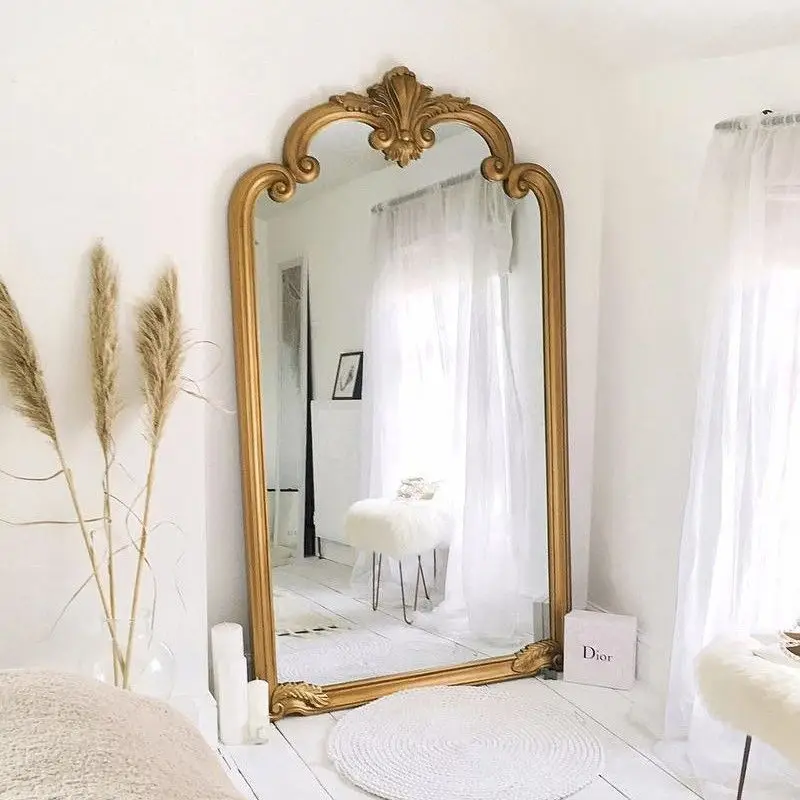 European vintage carved dressing mirror, home wall mounted full-length mirror, French wall-to-wall floor mirror