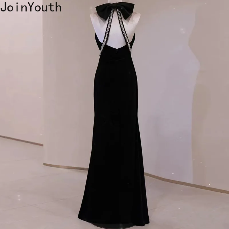 Temperament Black Robe Femme Party Dresses for Women 2024 Vestidos De Mujer Bow Sexy Backless Tunic Diamond Summer Maxi Dress