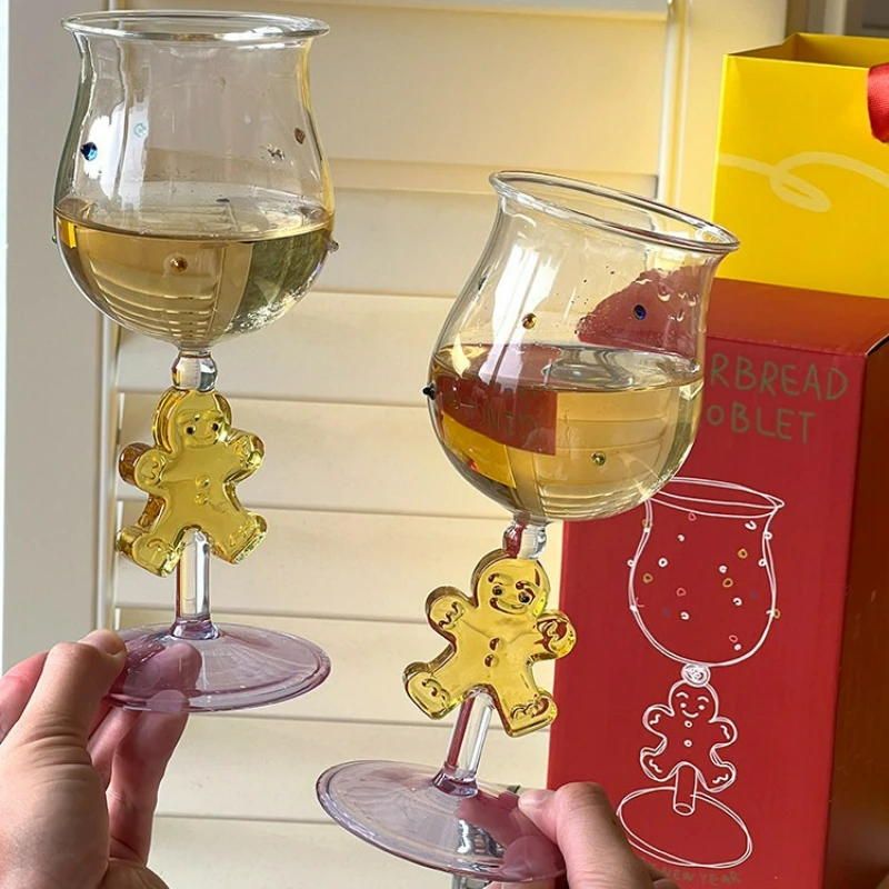 Cute Christmas Gingerbread Man Glass Goblet Champagne Cup for Red Wine Party Gift Home Bar Drinkware Decor Crystal Box Set