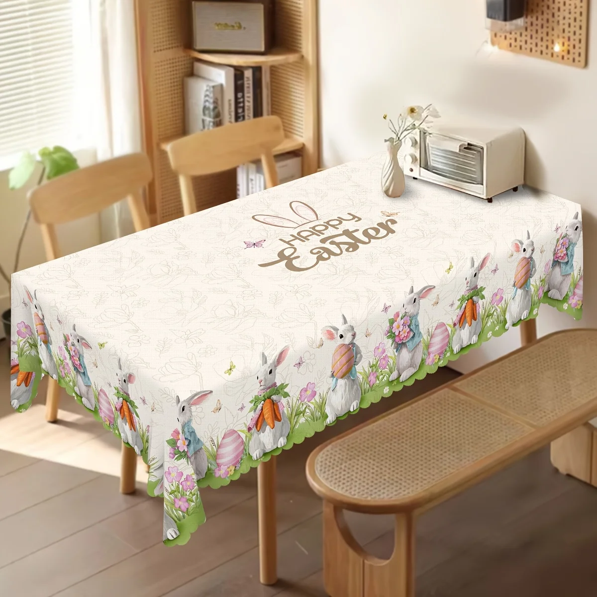 Easter Bunny Eggs Tulip Flower Rectangle Waterproof Tablecloth Party Decor Spring Kitchen Dining Tablecloth Easter Decorations