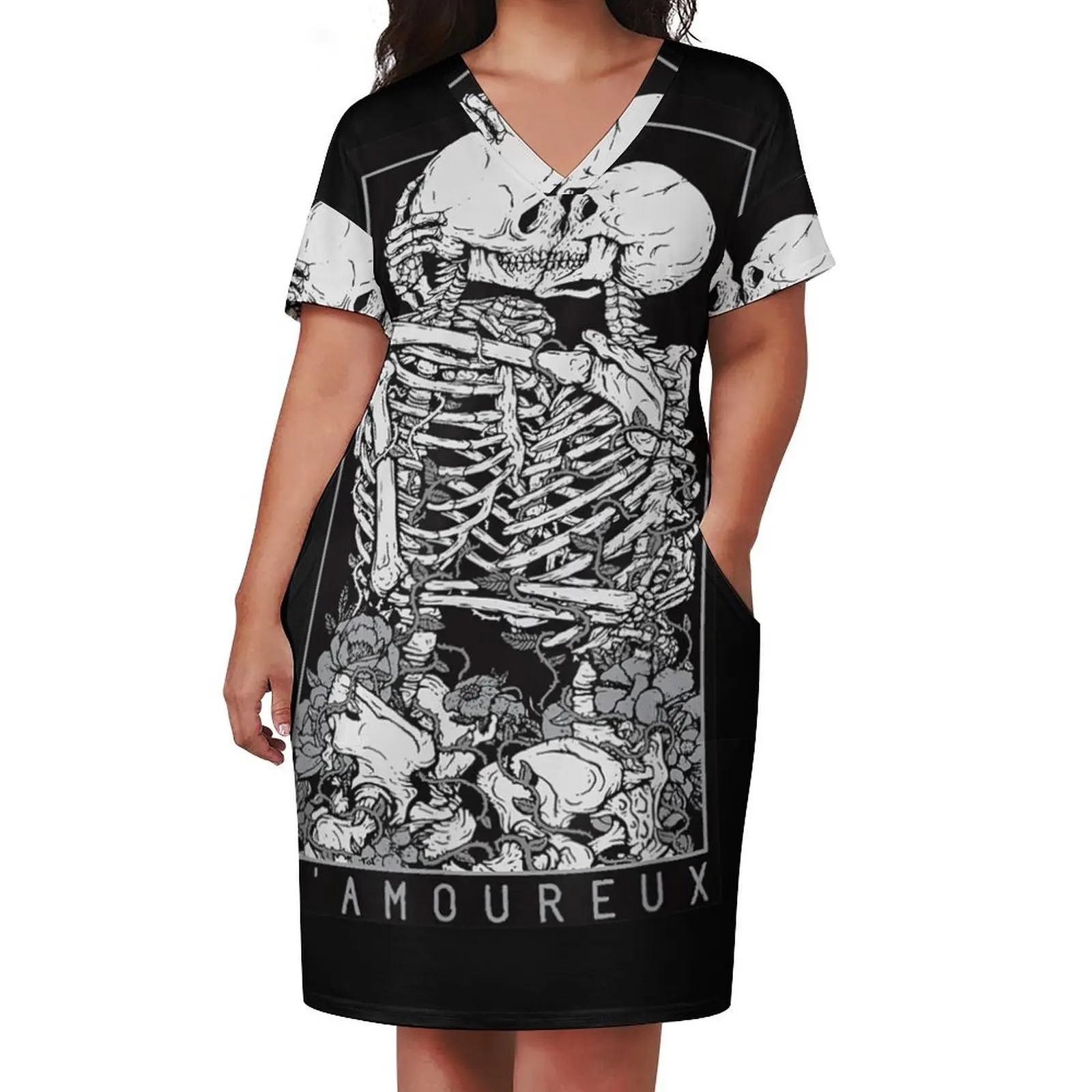 Tarot Card Kissing Skeleton Love Skull Bones Horror Goth Loose Pocket Dress sensual sexy dress for women fairy dress