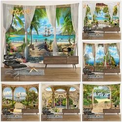 Palm Tree Windows Tapestry Wall Hanging, Boho Beach, Mountain Cloth Fabric, Large Aesthetic, Interior, Bedroom, Room Decor