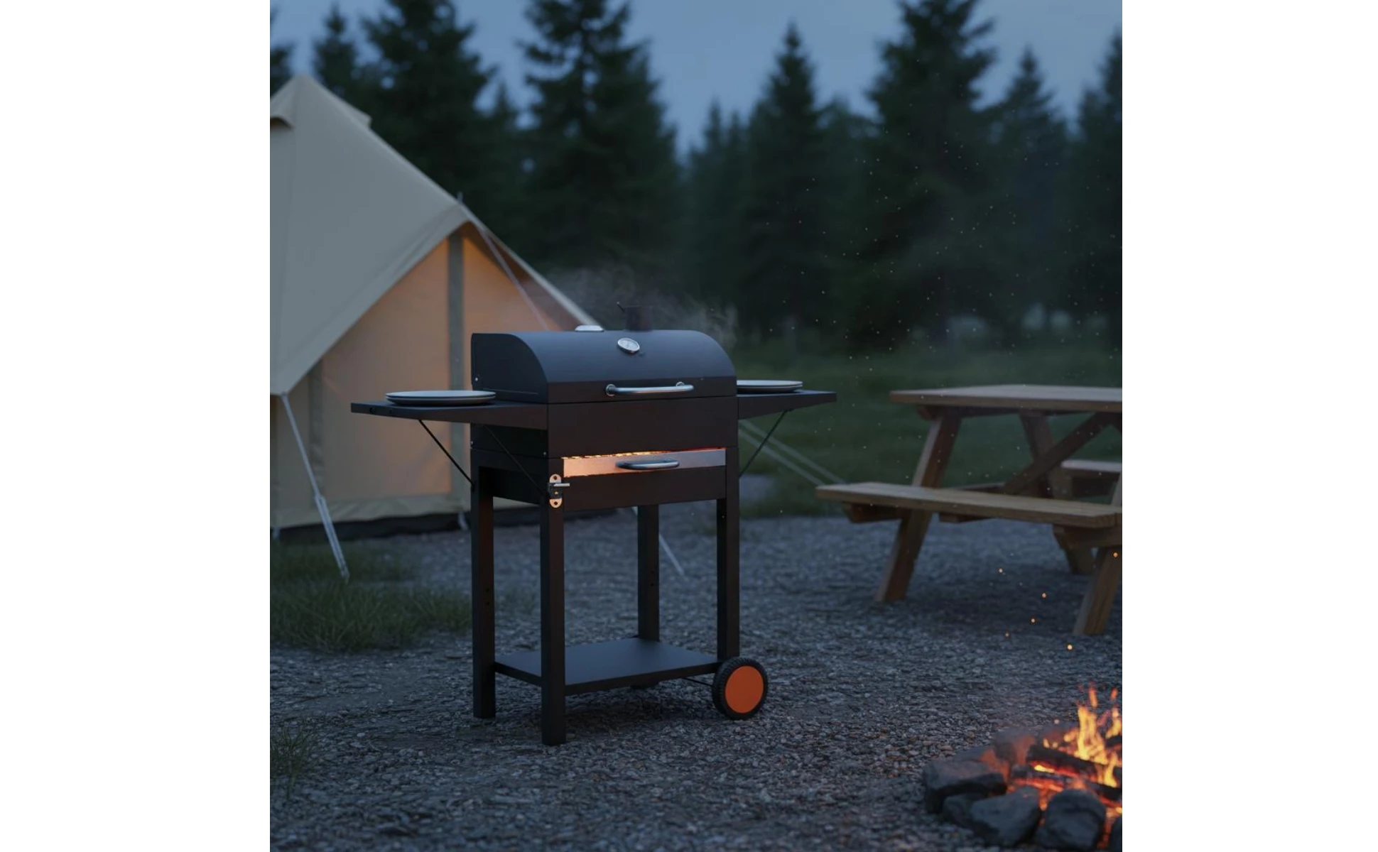 Wheeled Charcoal Barbecue Grill Domed Lid Trolley-Design Charcoal Grill Outdoor Cooking Upper Air Vent Chimney Temperature