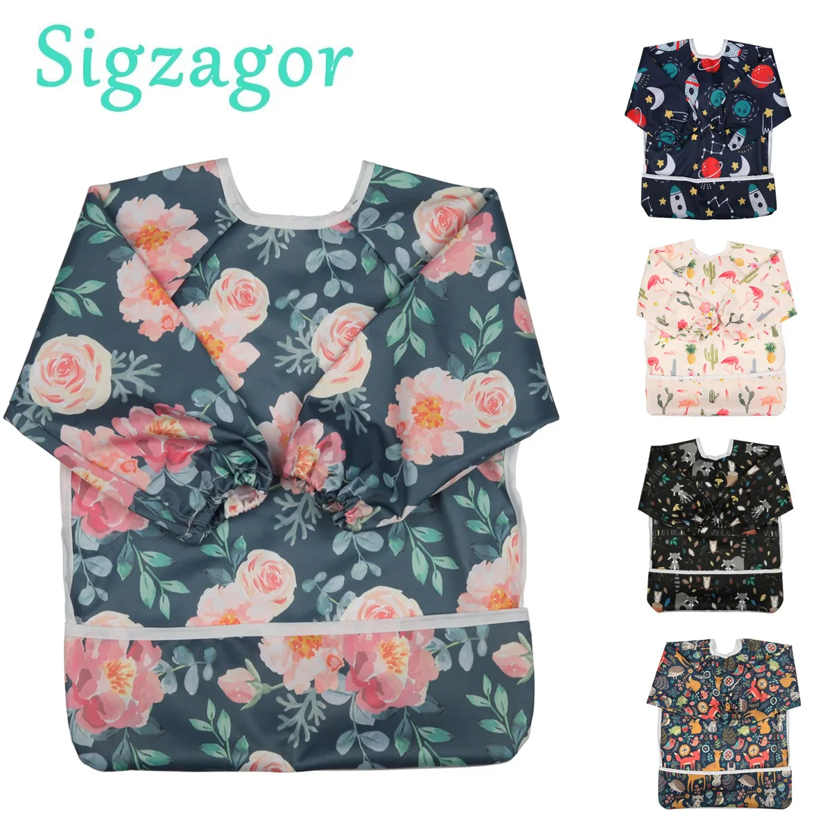 [Sigzagor] 1 Baby Bib Feeding Waterproof Long Sleeve Shirt Toddler Painting Drawing With Pocket 1-3 years old