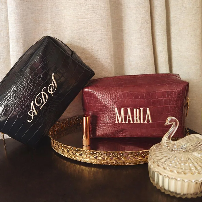 Bolsa de Maquillaje Bordada con Diseño de Cocodrilo, Bolsa de Cosméticos Vegana Personalizada, Accesorio de Viaje de Lujo, Regalo para Ella, Ideas de Regalo para Damas de Honor