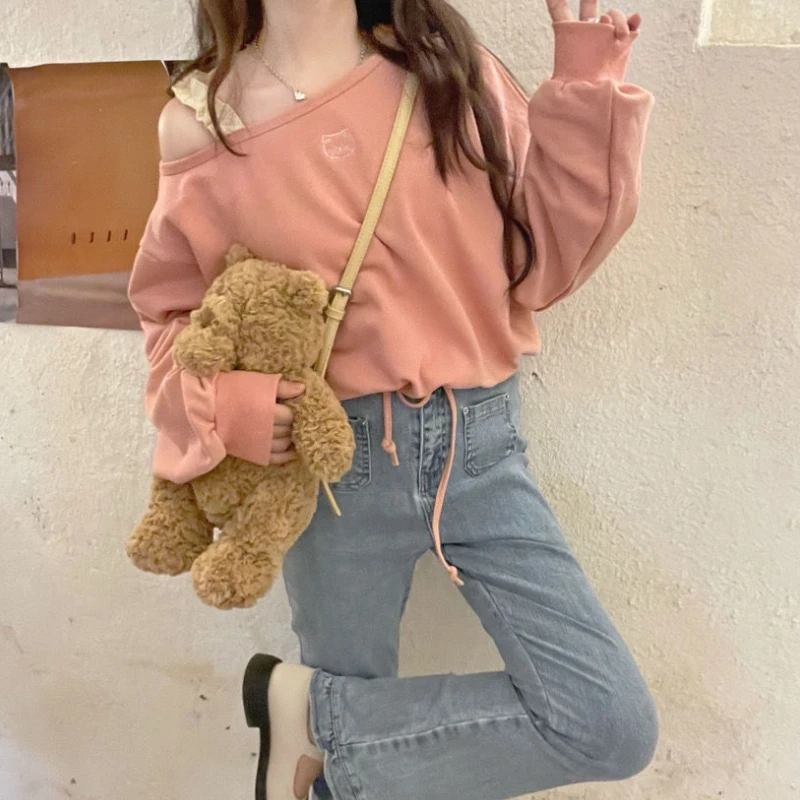 Sweatshirts Women Embroidery Irregular Off Shoulder Japanese Style Sweet Loose Casual Simple All-match Fashion Ulzzang Classic