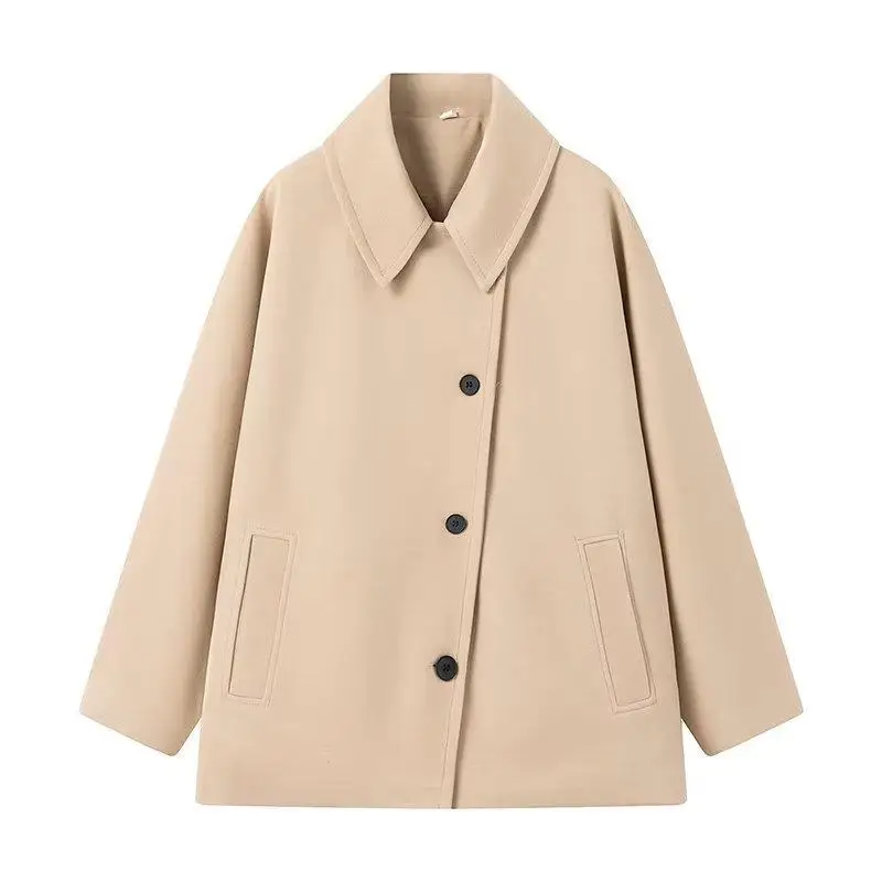 Fashion Single Breasted Lapel Woolen Coat Women Oversized Pockets Short Jackets Autumn Clothing Streetwear Outerwear 2024 image 4