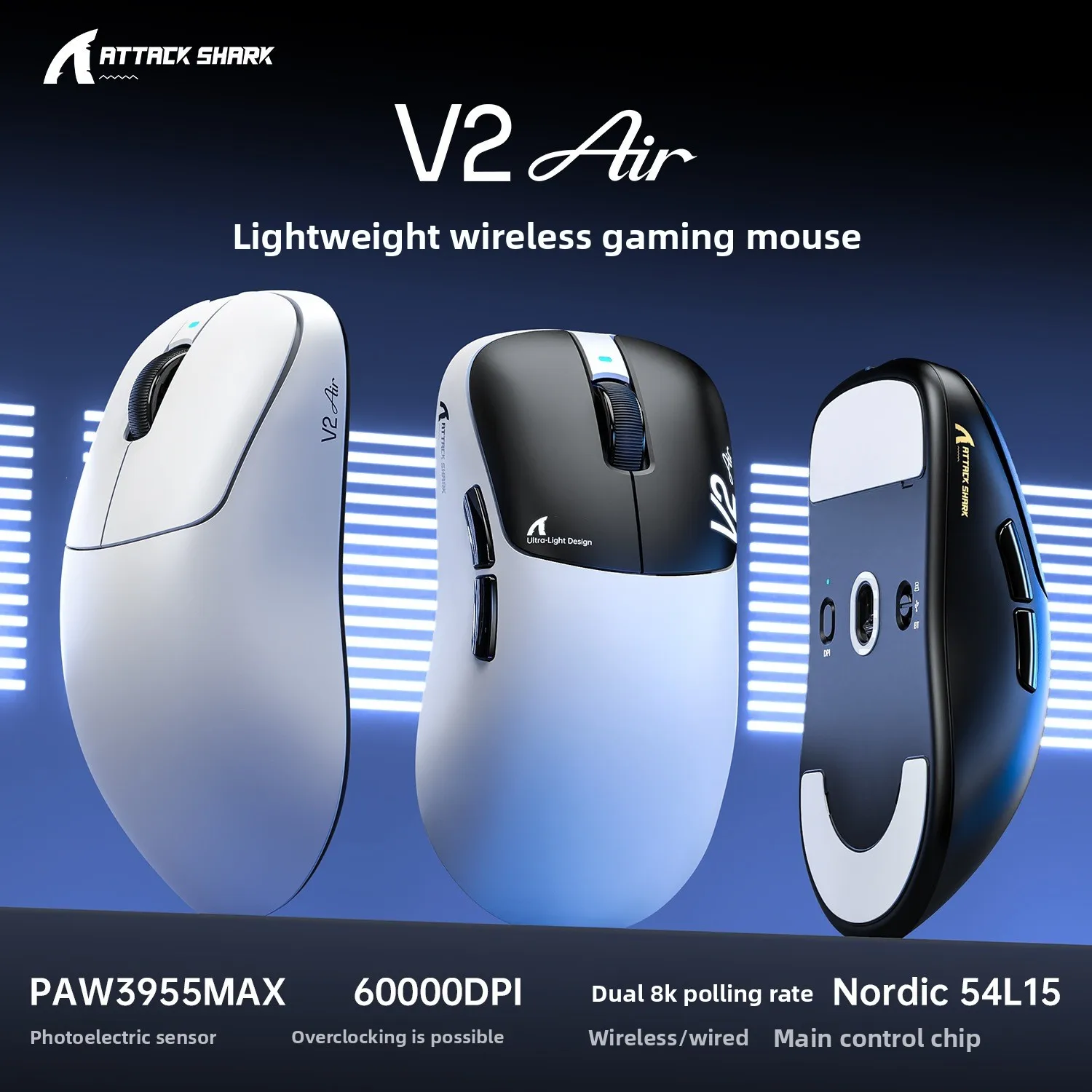 ATTACK SHARK V2 Air Wireless Gaming Mouse PAW3955MAX Sensor 60000DPI Dual 8K Polling Rate Chip Lightweight Esports Game Mice