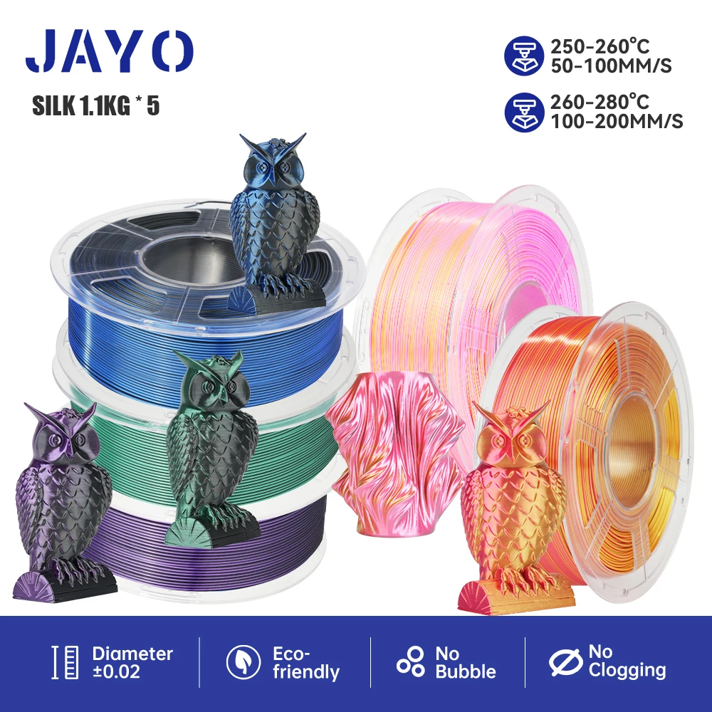JAYO 3D Printer Filament 1.75mm ZIJDE/TPU ZIJDE/PLA PLUS ZIJDE 5 Rolls 2.5 KG/5.5 KG 100% Geen Bubble FDM 3D Printer Materialen DIY Gift