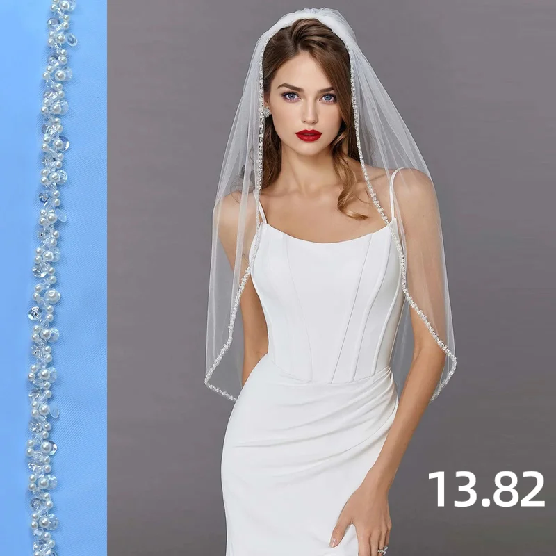 Voile de Mariage Délicat avec Perles et Bord en Citrosequins, pour Patients, avec Perles de Clip, V134