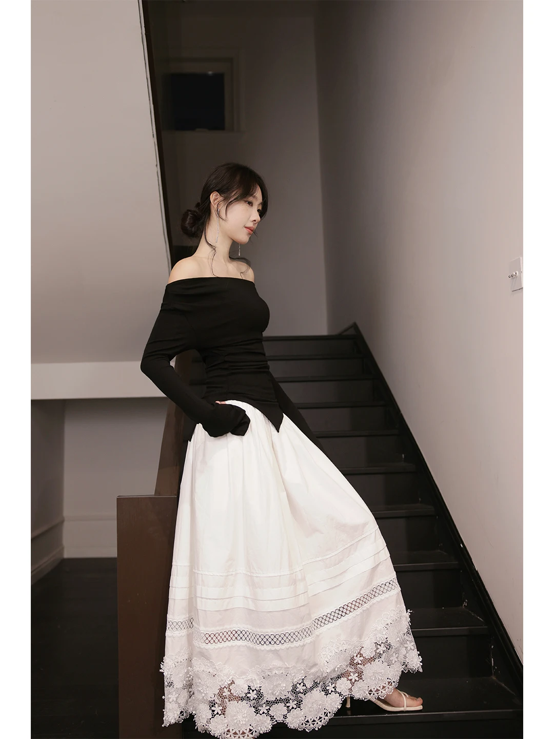 

Ele White Lace Hollow out Cotton Midi Skirt Women's Design Sensation Hip Concealing A-Line Skirt Ci Commute Sle