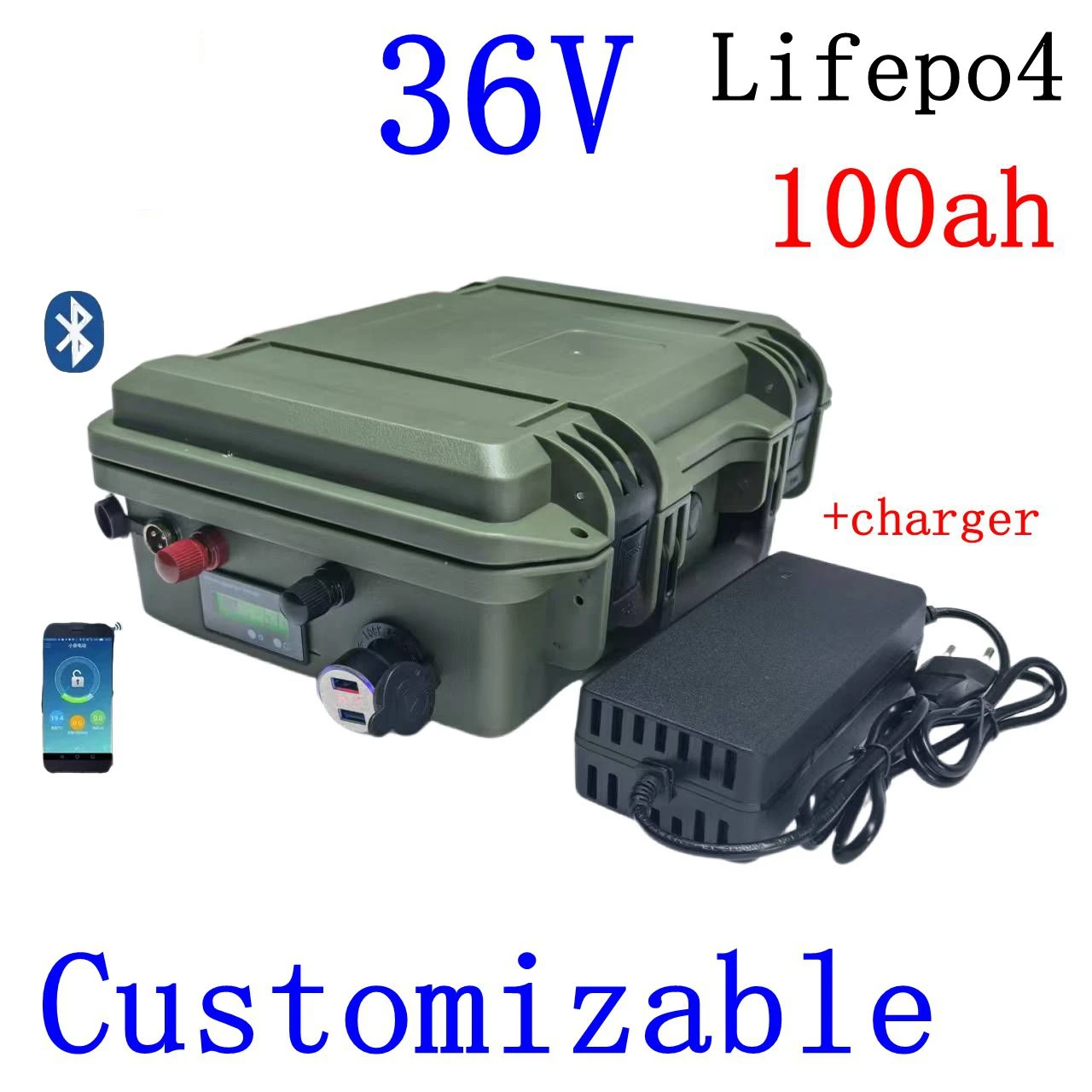 

Lithiumbattery Lifepo4 avec Bluetooth et BMS, tricycle électrique 3500W, vélo UPS, scooter, bateau, chargeur 10A, 36V, 100Ah