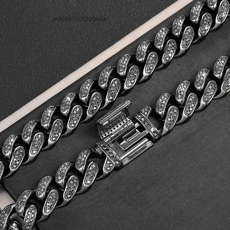 Luxury Fresh Item 12mm Black VVS Moissanite Iced Out Cuban Link Chain Hip Hop Fine Jewelry 925 Sterling Silver Diamond Cuban Nec