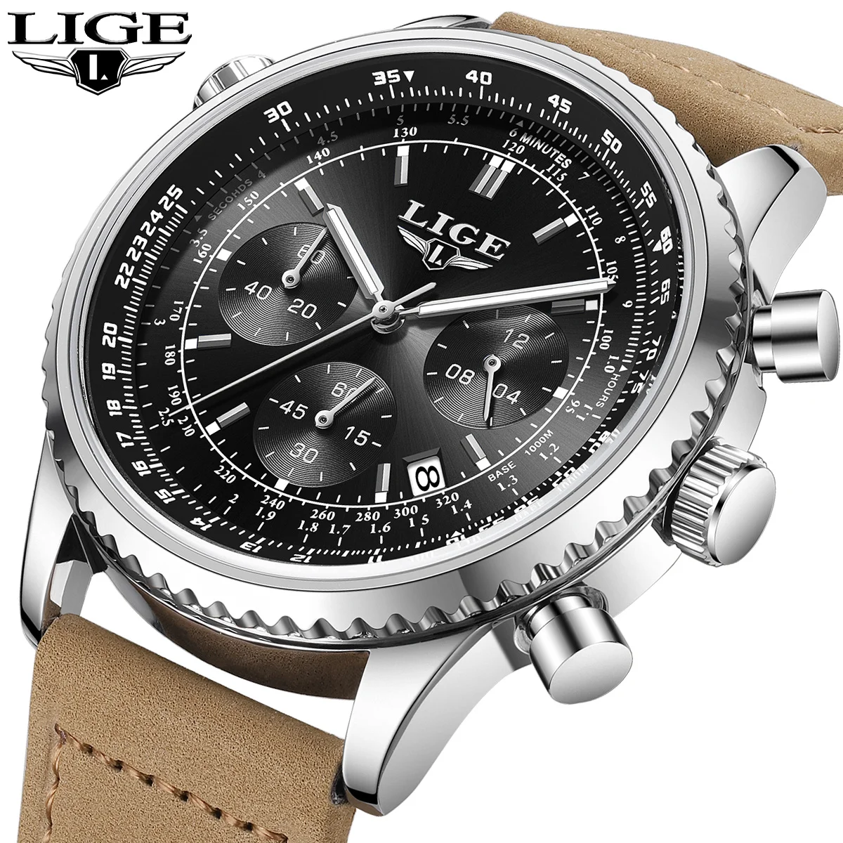 

LIGE Luxury Brand Men's Leather Watch Fashion Business Waterproof Quartz Wristwatch Sports Chronograph Calendar Watches for Men