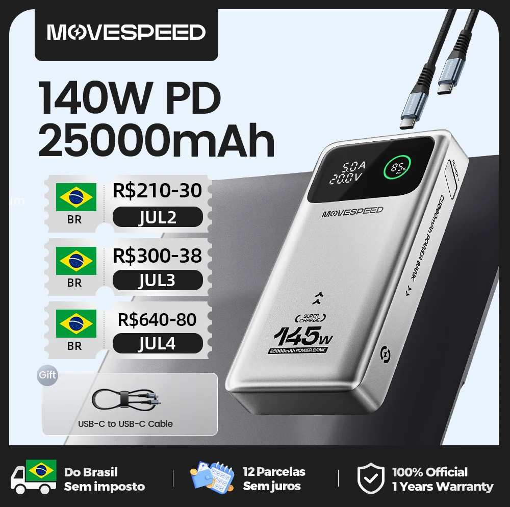 Movespeed m25pro 140w Carregador Portátil 25000mah pd3.1 carga rápida bateria externa portátil 100w powerbank para macbook notebook para Motorola Samsung