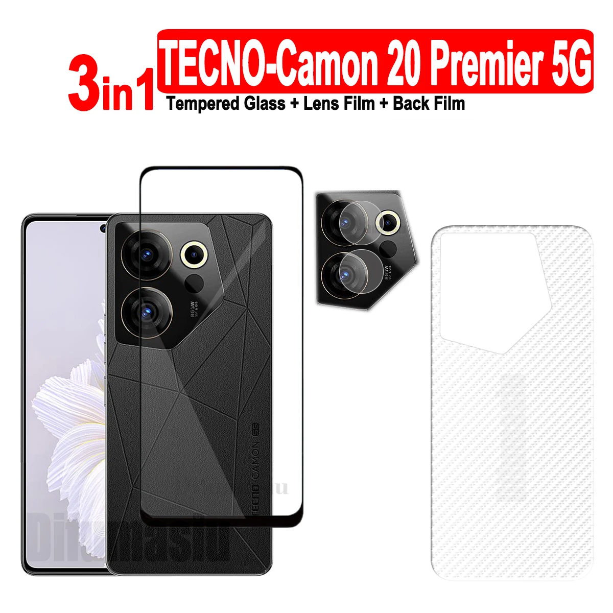 

For Tecno Camon 20 Premier 5G Tempered Glass Screen Protector Soft Camera Lens Protector Full Cover Screen Glass 3in1 Back Film