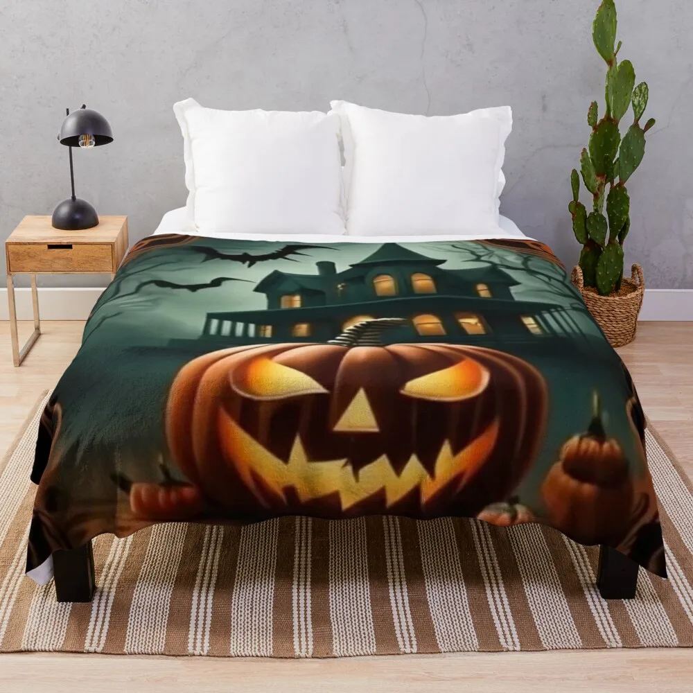 spooky Halloween scene with a haunted house, a glowing jack-o'-lantern, and bats flying overhead Throw Blanket