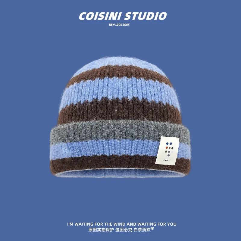 Japanische Retro-Strickmütze mit Streifenmuster und aufgesetzten Elementen für Damen und Herren, Wintermode, warm, schützt die Ohren, Mütze im Skull-Design. – Detail 4