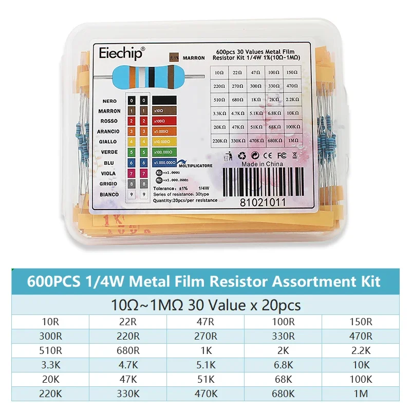 600pcs 30Values 1/4W Metal Film Resistor Kit 10Ohm ~1M Ohm Resistance 1% Set of Resistors 0.25w