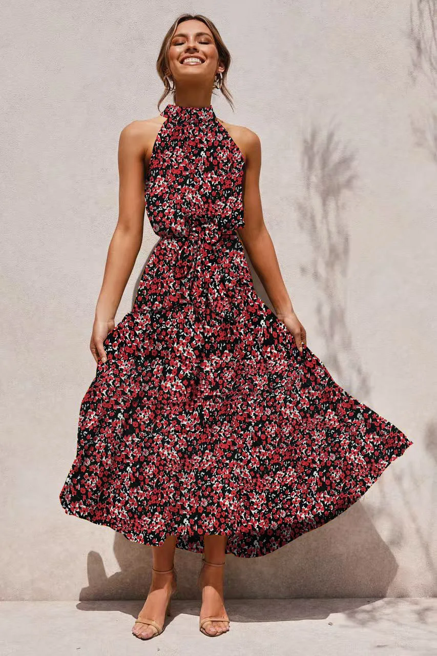 Women's Halter Neck Maxi Dress - Floral Print Boho Chic Smocked Waist Summer Beach Dress for Vacation Casual Wear