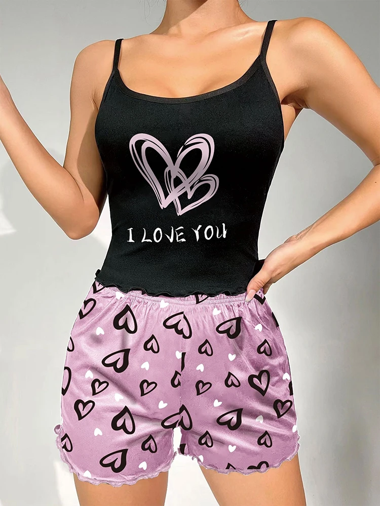 

Women's Milk Silk Pajamas Set Summer Sleeveless Heart Print Shorts Sleepwear Sexy Comfortable Loungewear Two Piece Outfit