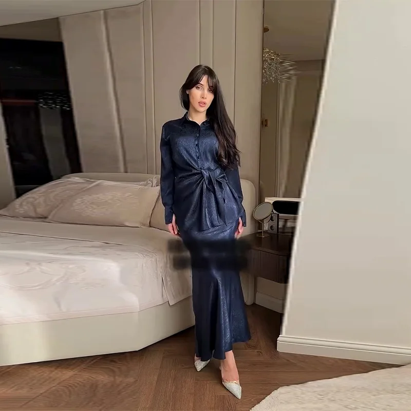 

2025 American Women's New Fashion Printed Casual Trendy Loose 2 Piece Sets Long Sleeve Turn-down Collar Shirt Ankle Length Skirt